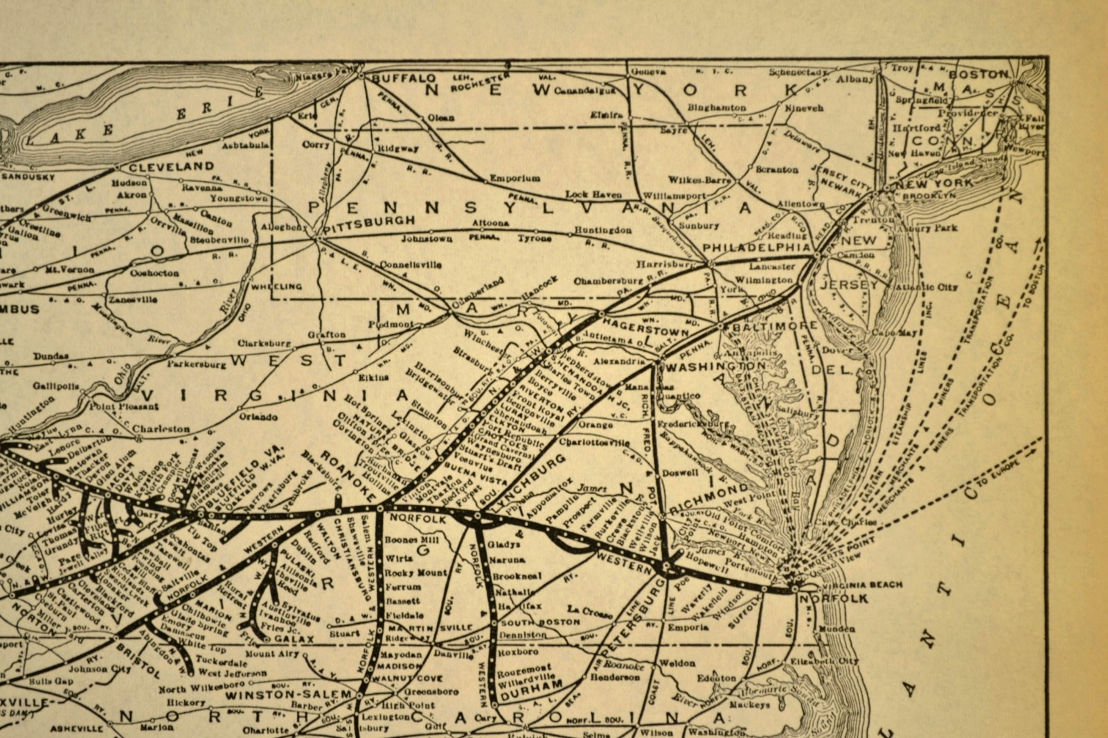 NORFOLK & WESTERN Railway Map Vintage Railroad System Map Antique 1930s