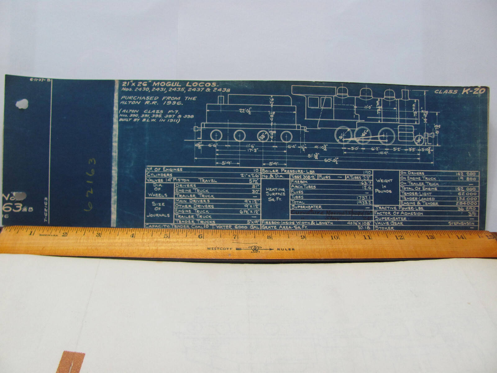 BALTIMORE & OHIO RAILROAD ORIG BLUEPRINT DATA DIAGRAM CLASS K-20 LOCOMOTIVES