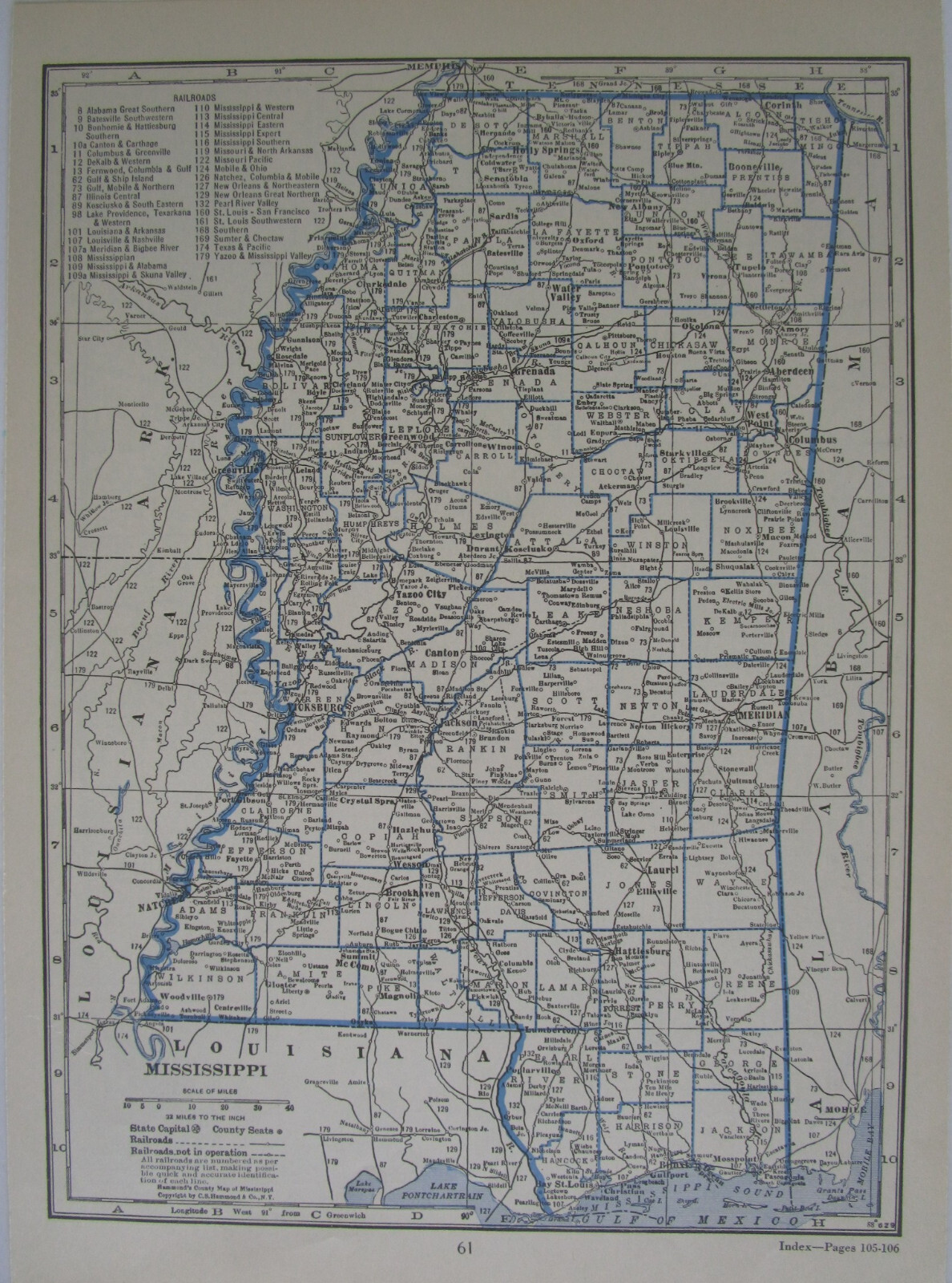 MO MS Vtg 1933 MISSOURI Map DEERING SOUTHWESTERN or MISSISSIPPI. PEARL RIVER VAL