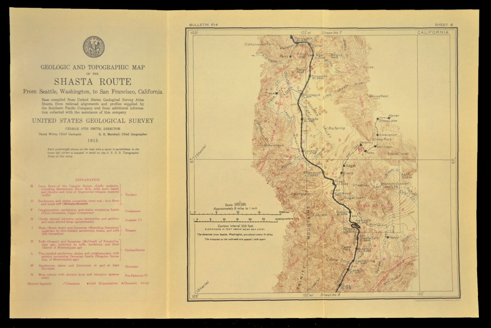 1915 Southern Pacific Railroad Map Mt Shasta Route Weed California Geological