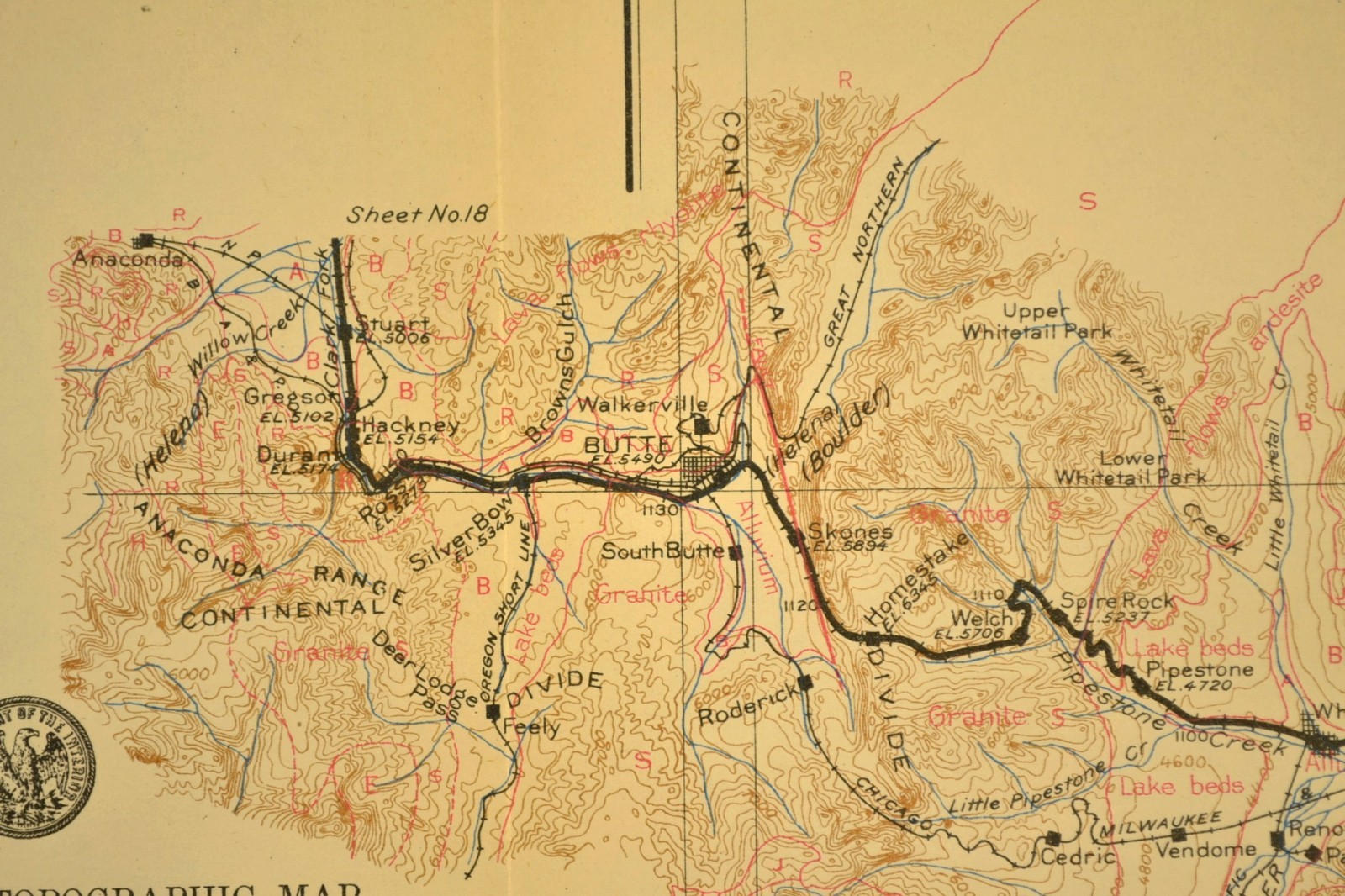 Antique Northern Pacific Railroad Map Butte Montana Welch CM&StP RR