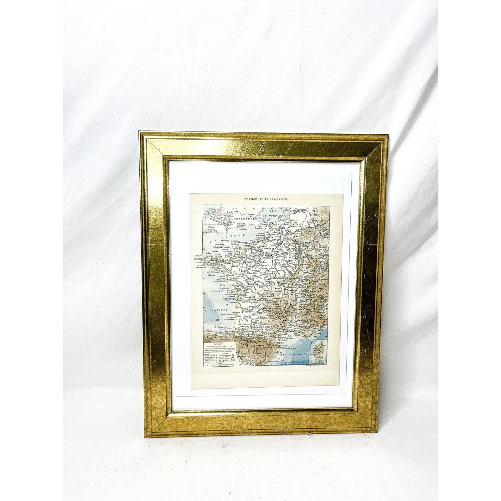 Vintage Gold Framed France Railroads and Waterways Maps from “Le Noveau Larousse