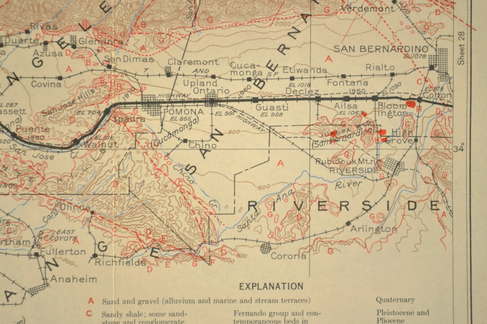 Vintage Southern Pacific Railroad Map LA California San Bernardino Fault Lines