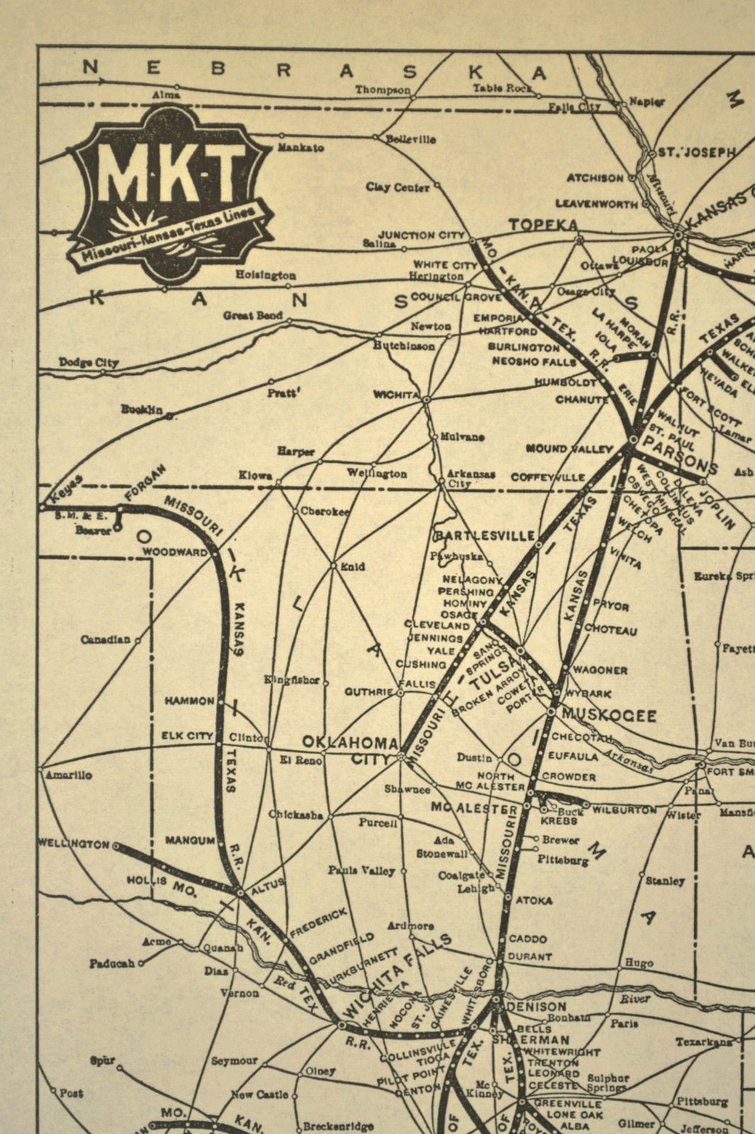 Vintage MKT Railway Map ca 1939 Antique MISSOURI KANSAS TEXAS Railroad Lines Map