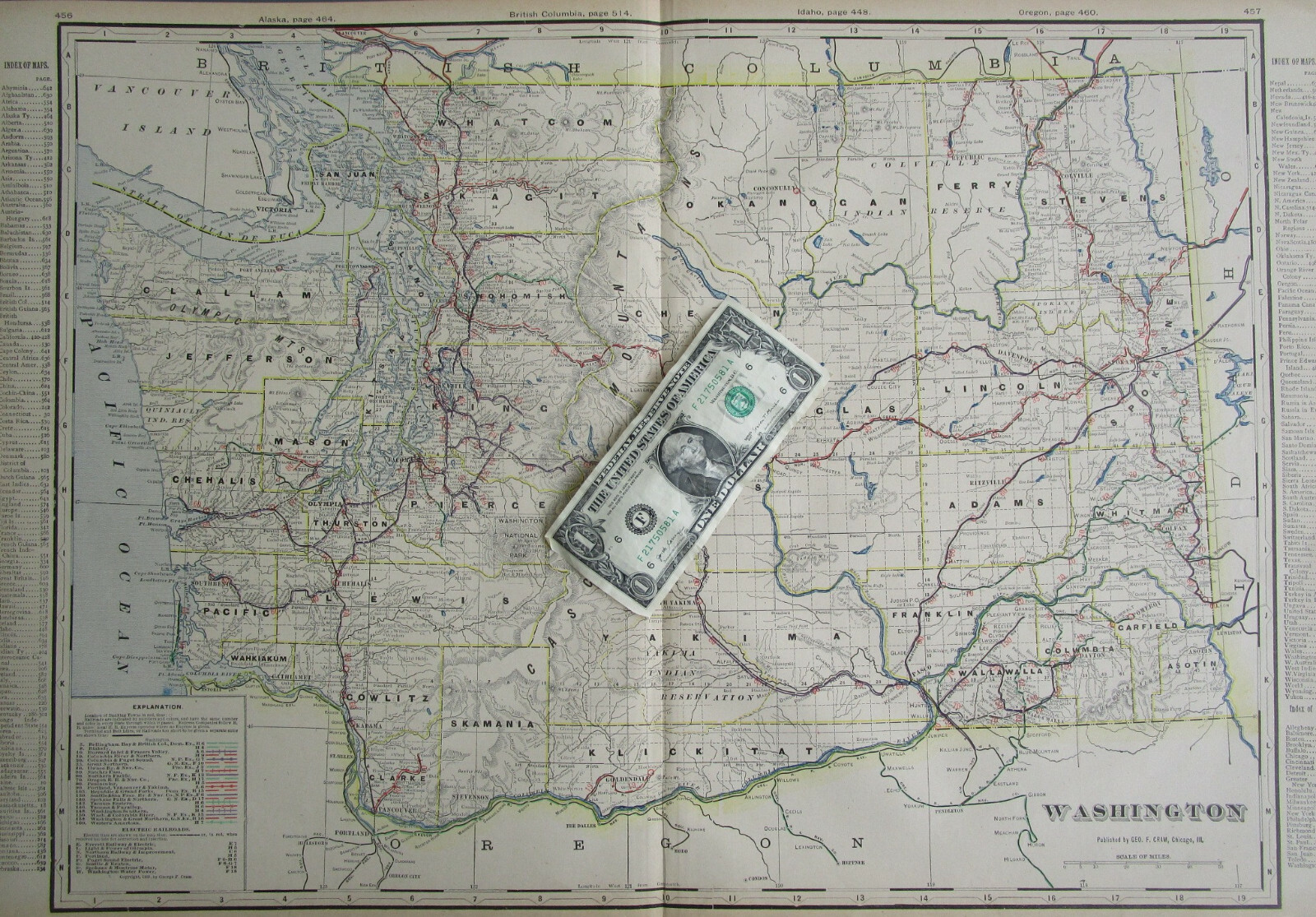 WA 1903 WASHINGTON State STEAM / INTERURBAN ELECTRIC RAILROAD / STEAMSHIP Map