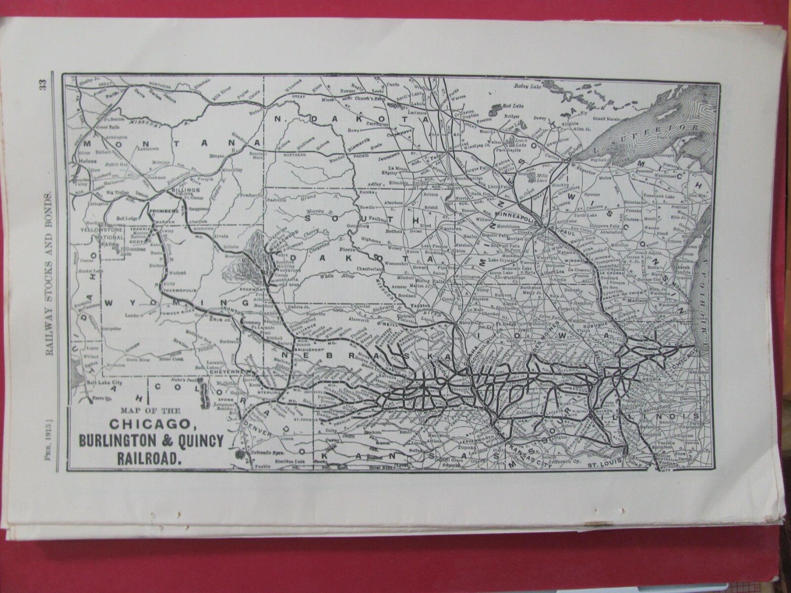 1913 CHICAGO BURLINGTON & QUINCY RAILROAD SYSTEM MAP ROUTES STATIONS HISTORY