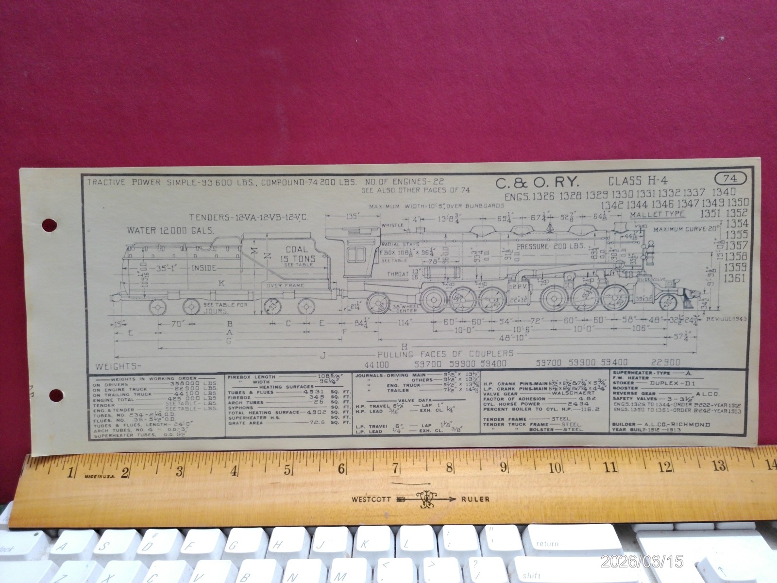 CHESAPEAKE & OHIO RAILROAD ORIG PRINTED DIAGRAM CLASS H-4 LOCOMOTIVE #1326-1361