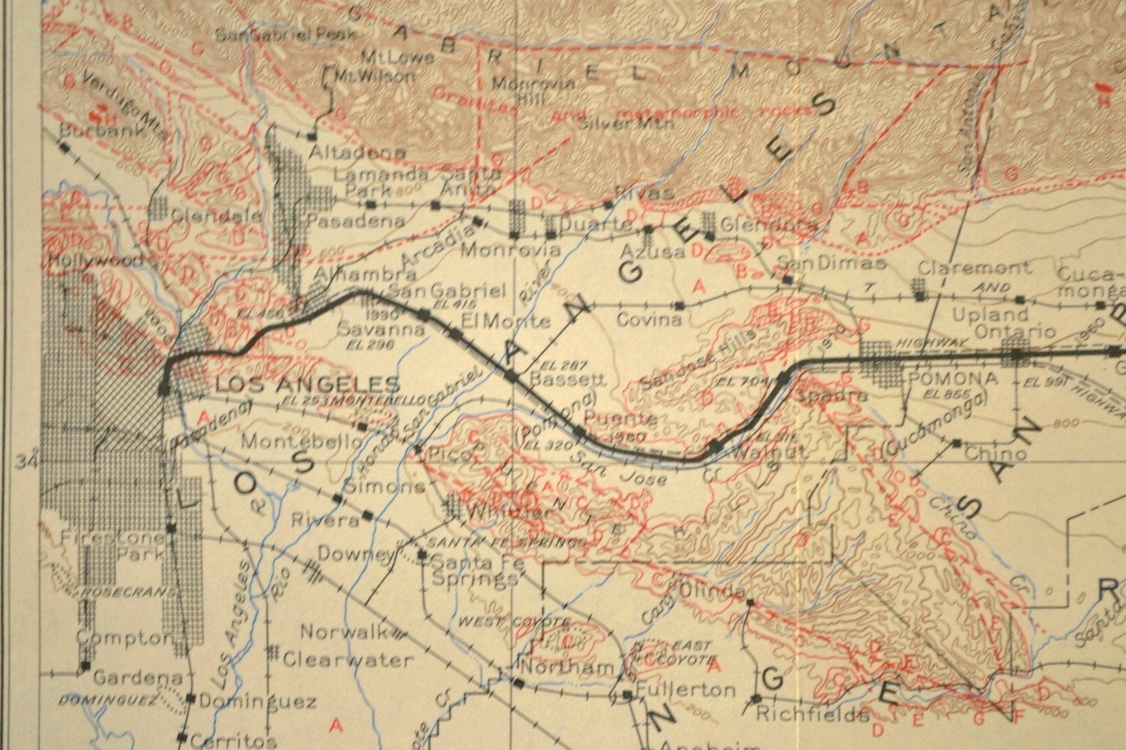 Vintage Southern Pacific Railroad Map LA California San Bernardino Fault Lines