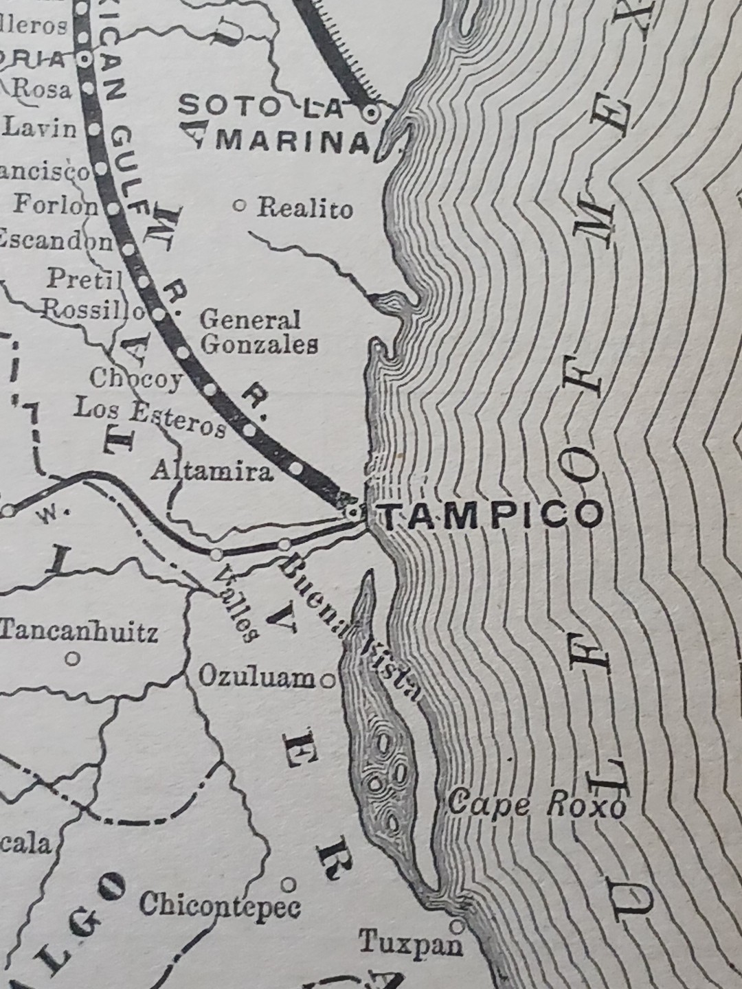 ~ 1895 Train Route Map MONTEREY & MEXICAN GULF RAILROAD Camargo Tampico Mexico