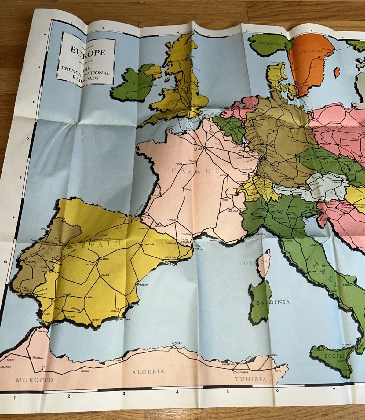 Vintage RAILROAD MAP OF FRANCE AND EUROPE, French National Railroad
