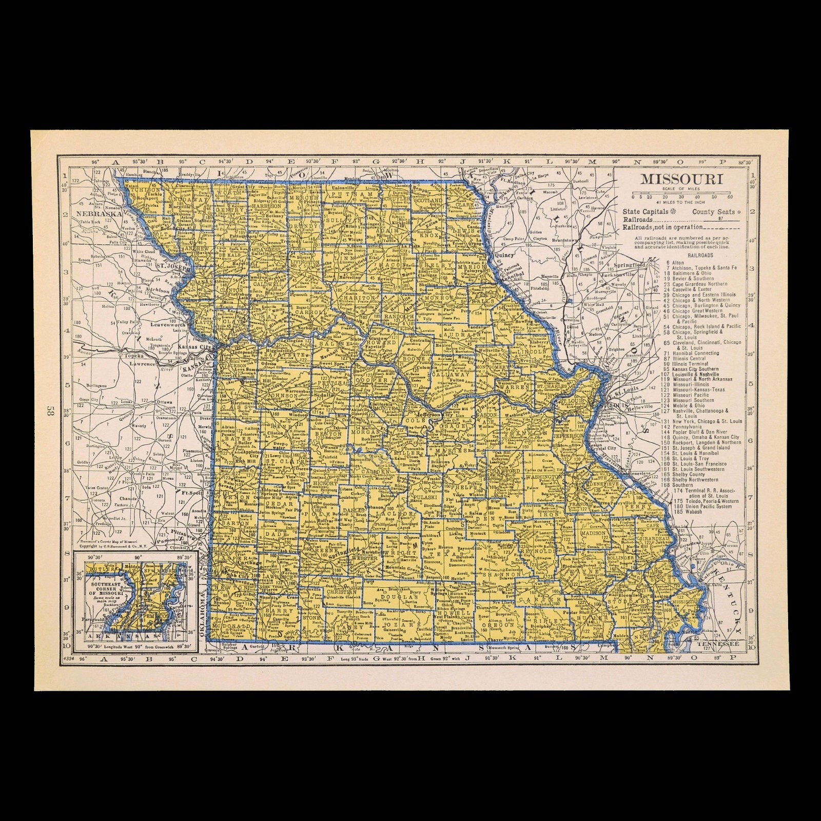 ca1939 MISSOURI Railroad Map Depot Towns WAB RR Historic Original Atlas Map