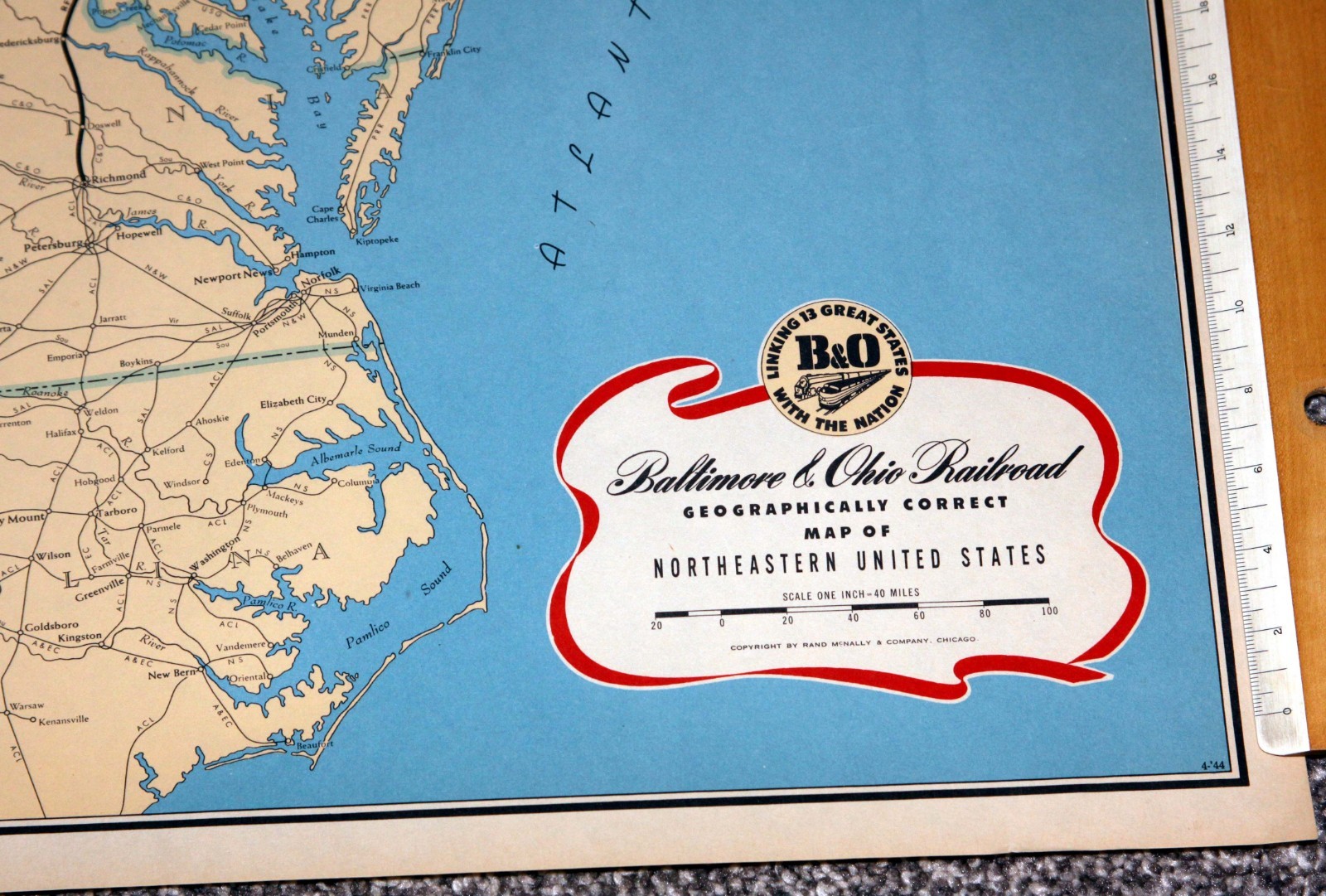 LARGE, 1944 GEOGRAPHICALLY CORRECT, BALTIMORE & OHIO RR MAP, NORTHEASTERN USA!