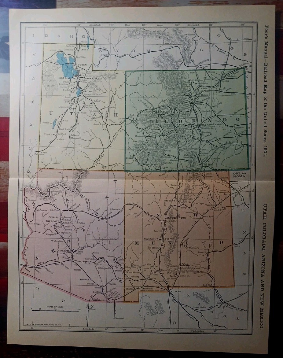 ~1904 Railroad Map UTAH Colorado ARIZONA New Mexico All Lines & Depots 11″x9″