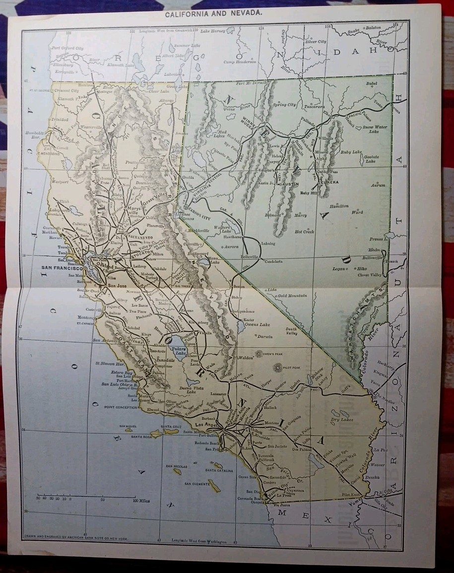 1892 Antique RAILROAD MAP California & Nevada ALL Train Route Lines 9×11″ Color