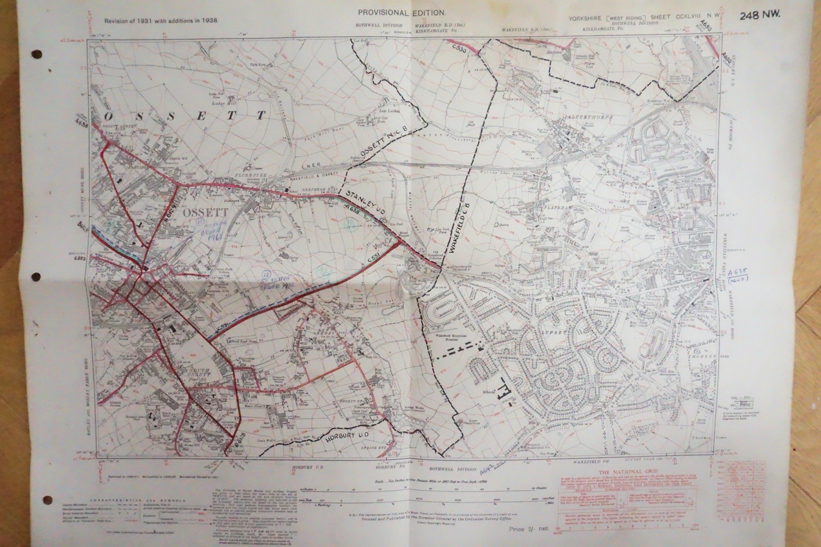 1938 Ossett Horbury Alverthorpe Yorkshire LNER Railway OS Linen Map Ref 78 **