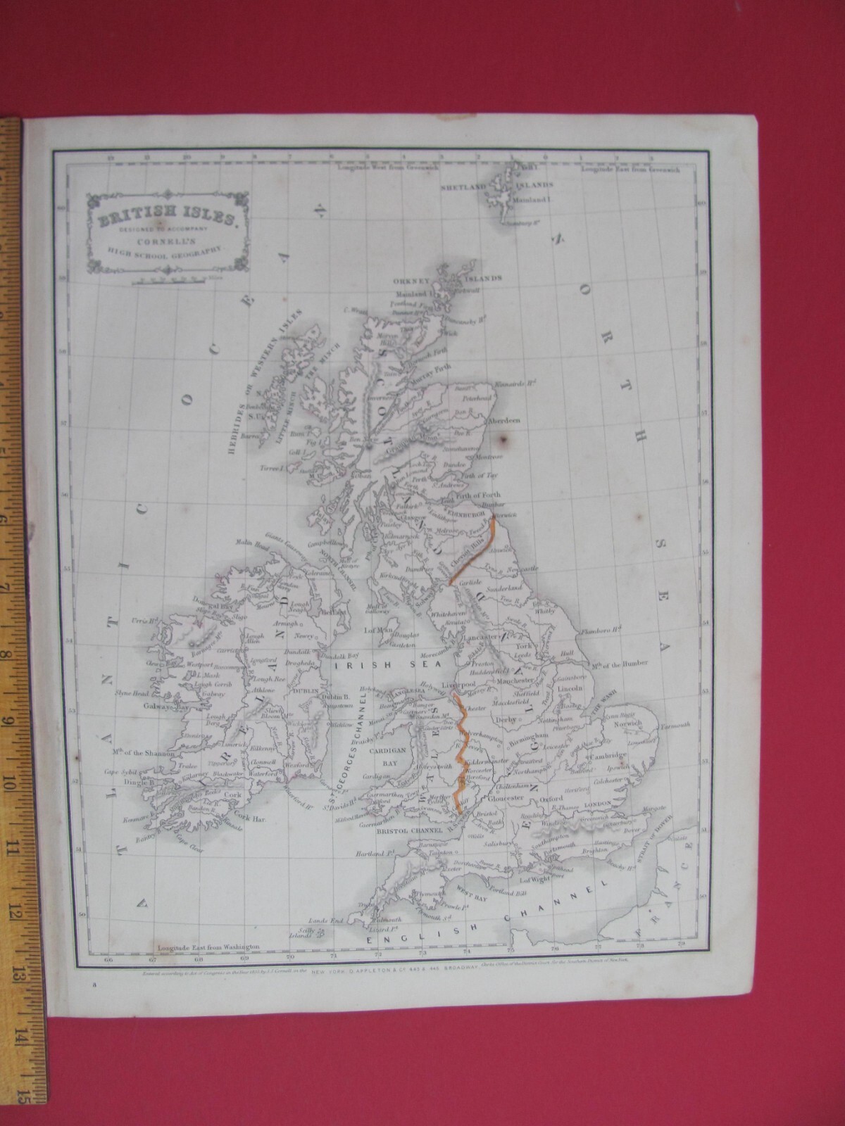 1856 EASTERN EUROPE BRITISH ISLES ASIA COLOR CORNELL’S ATLAS MAP W/ RAILROADS