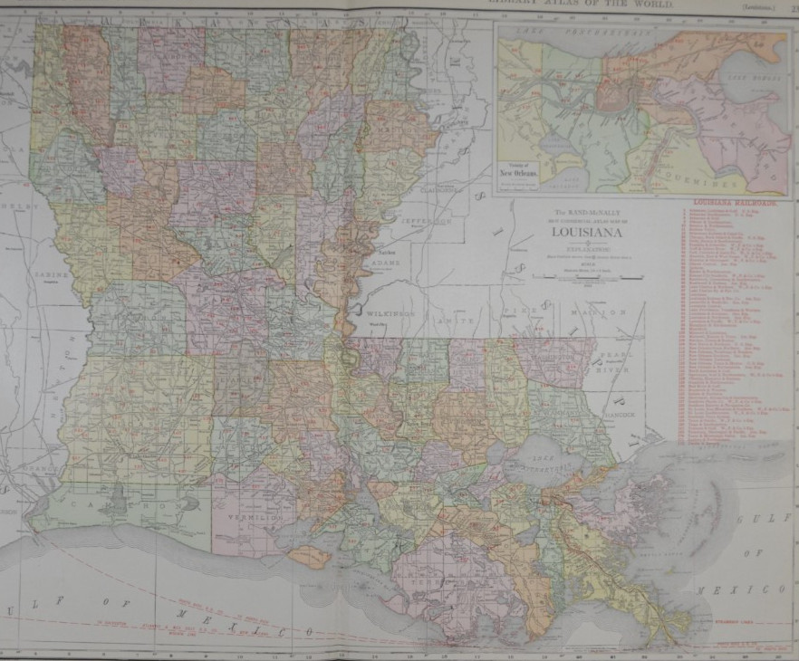 LOUISIANA – 1912 – RAND-McNALLY NEW COMMERCIAL ATLAS – SHOWS RAILROADS