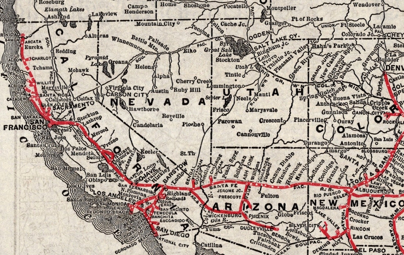 1910 Antique Atchison Topeka & Santa Fe Railway System Map Mileage Map 2658