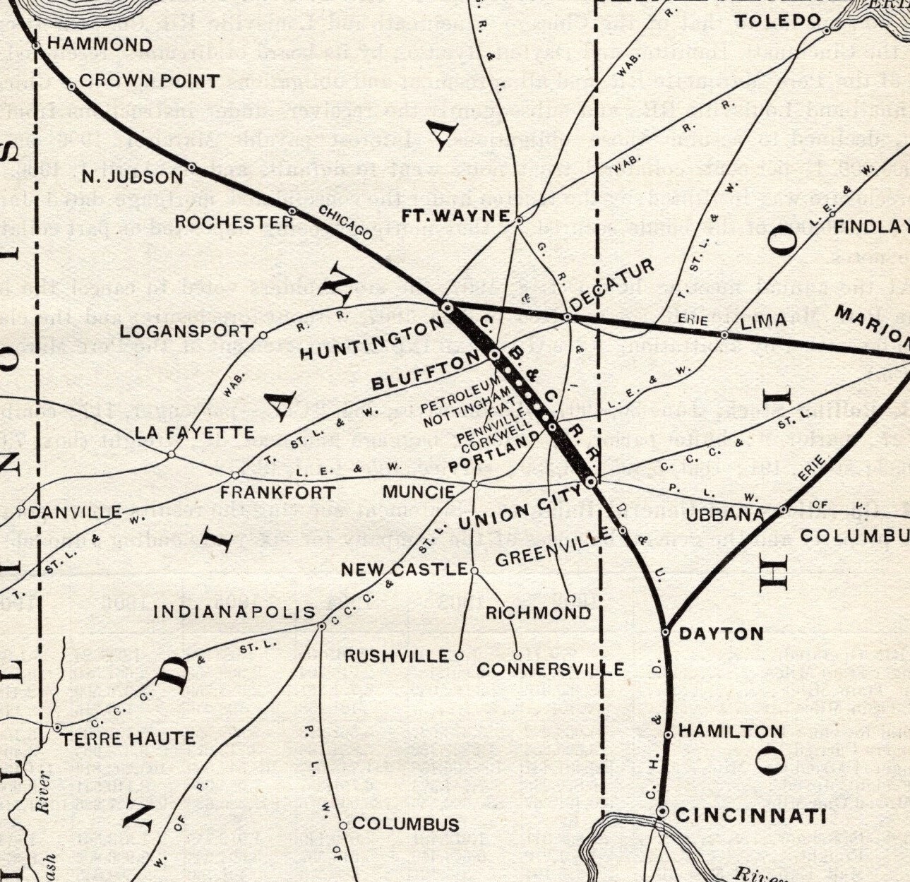 1908 Cincinnati Bluffton and Chicago Railroad Map Vintage Railway Map 1626