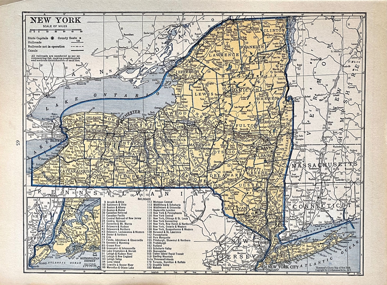 NORTH CAROLINA & NEW YORK c 1935 County & Railroad Maps. Hammond & Co. 9×12″