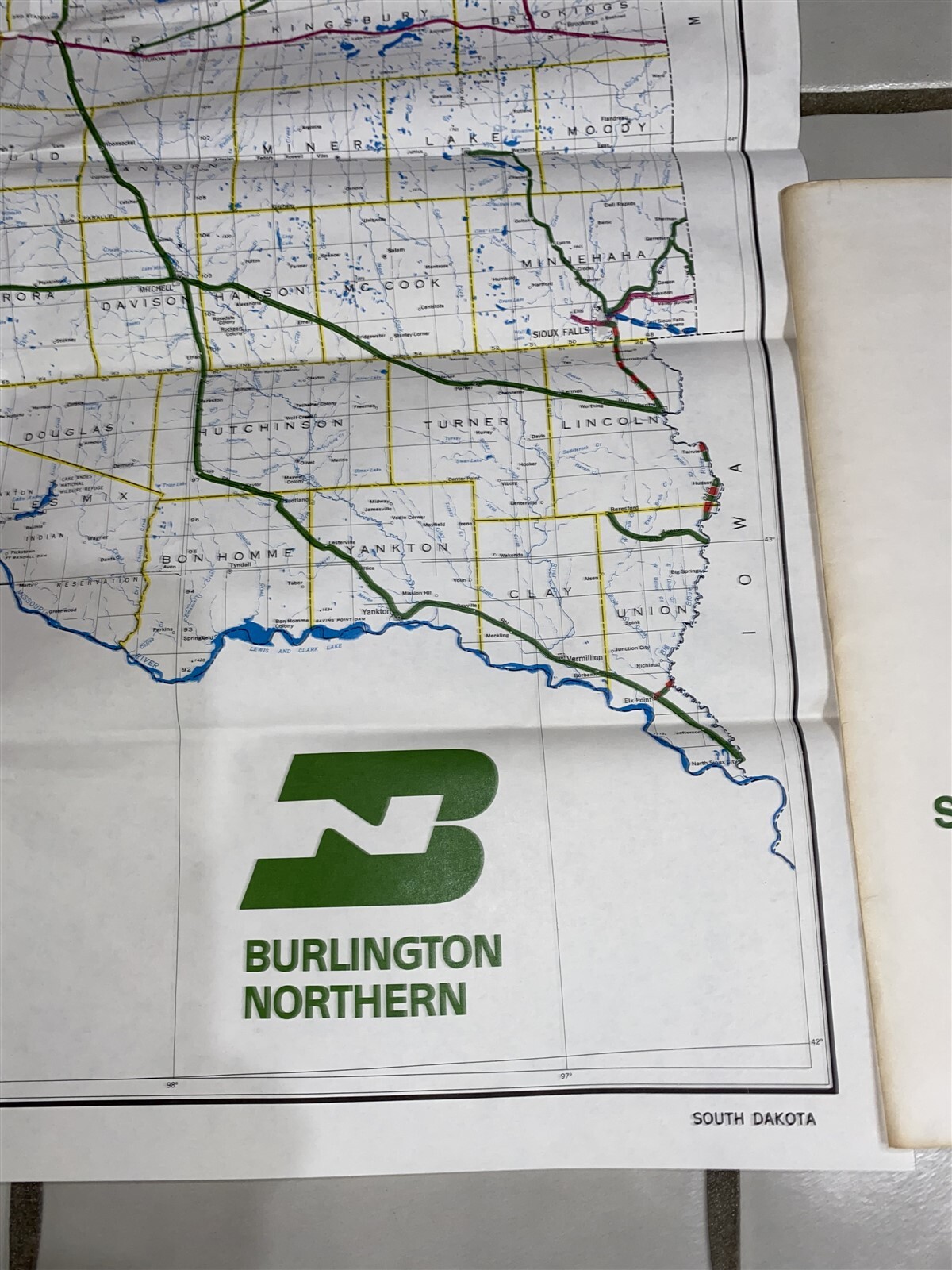 1983 Burlington Northern Railroad South Dakota Map 36 3/4″ by 26 1/4″