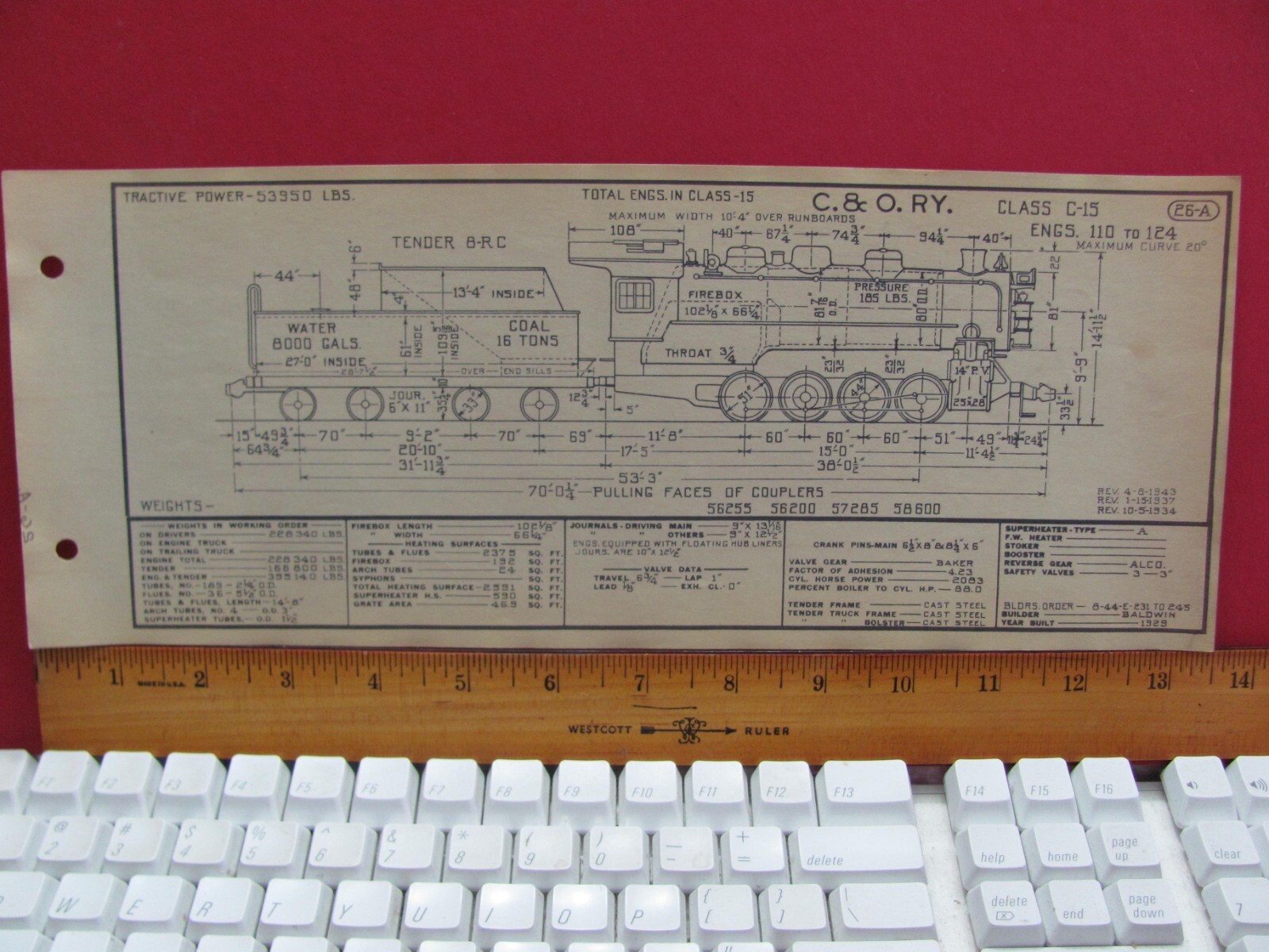 CHESAPEAKE & OHIO RAILROAD ORIG PRINTED DIAGRAM CLASS C-14 LOCOMOTIVE #110 – 124
