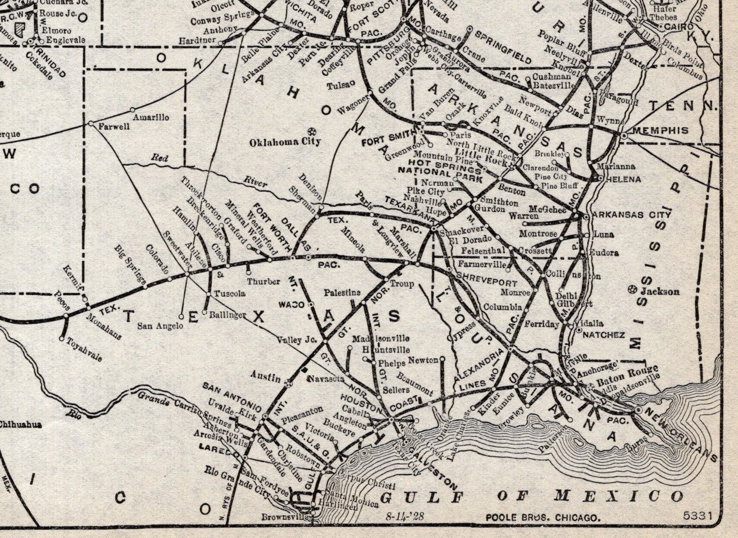 1928 Antique Missouri Pacific Railroad System Map Vintage Railway Map 2864