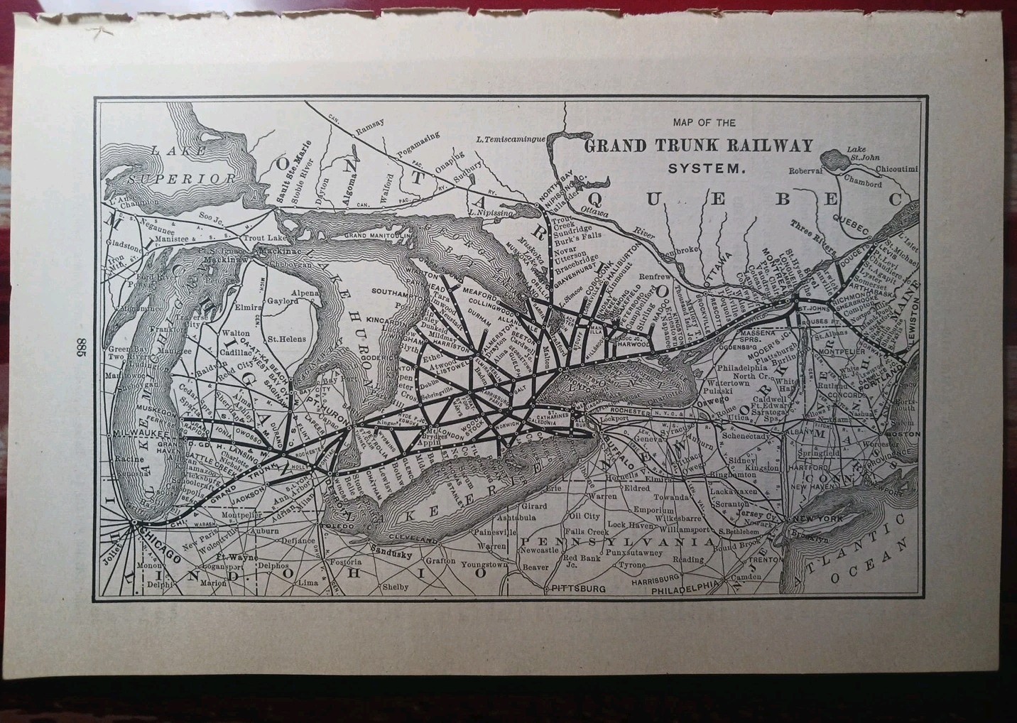 ~1898 ANTIQUE Railroad Map GRAND TRUNK RAILWAY SYSEM Canada Quebec Ontario Train