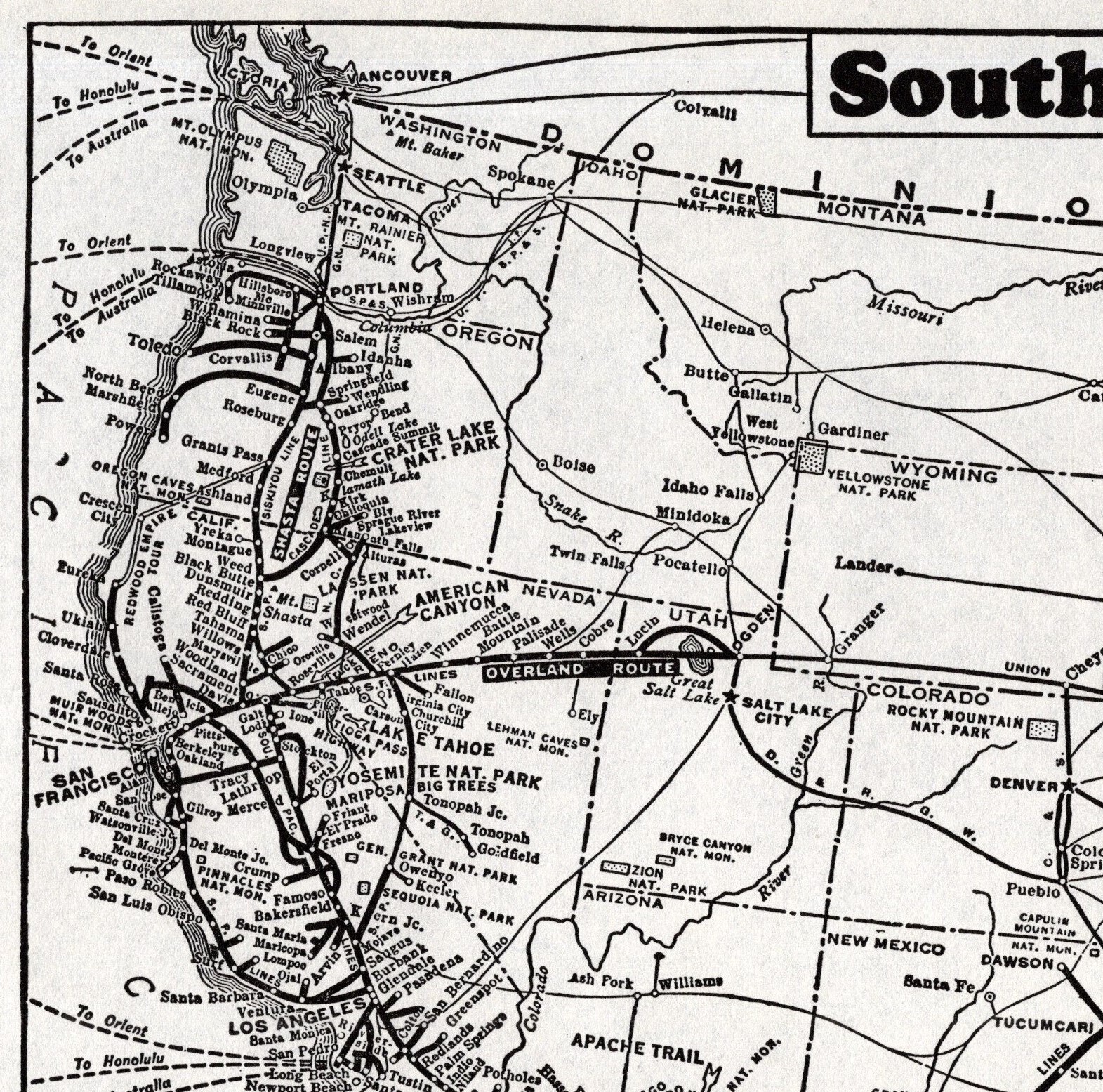 1940 Antique SOUTHERN PACIFIC Railroad Map Vintage Railway Map #1887
