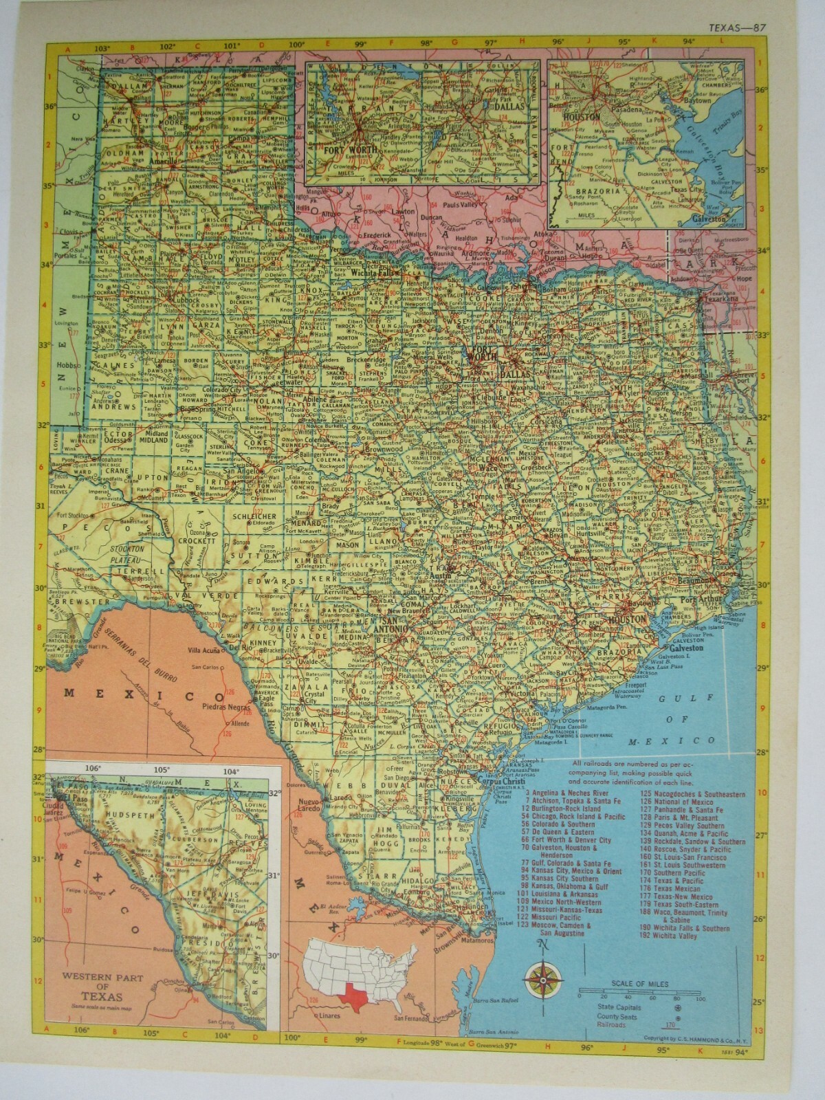 TX UT 1952 TEXAS RAILROAD MAP. ROCKDALE SANDOW & SOUTHERN RR or UTAH 1950s