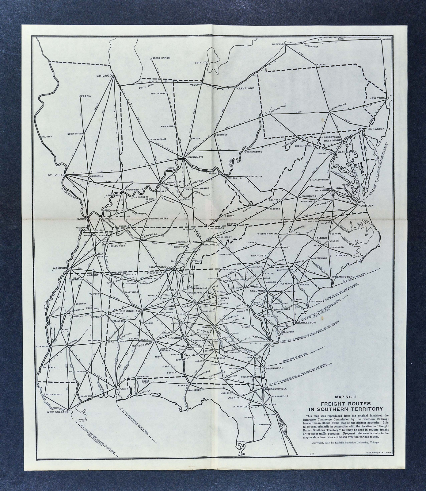 1913 Railroad Map – Freight Routes US South Georgia Alabama Carolina Virginia TN