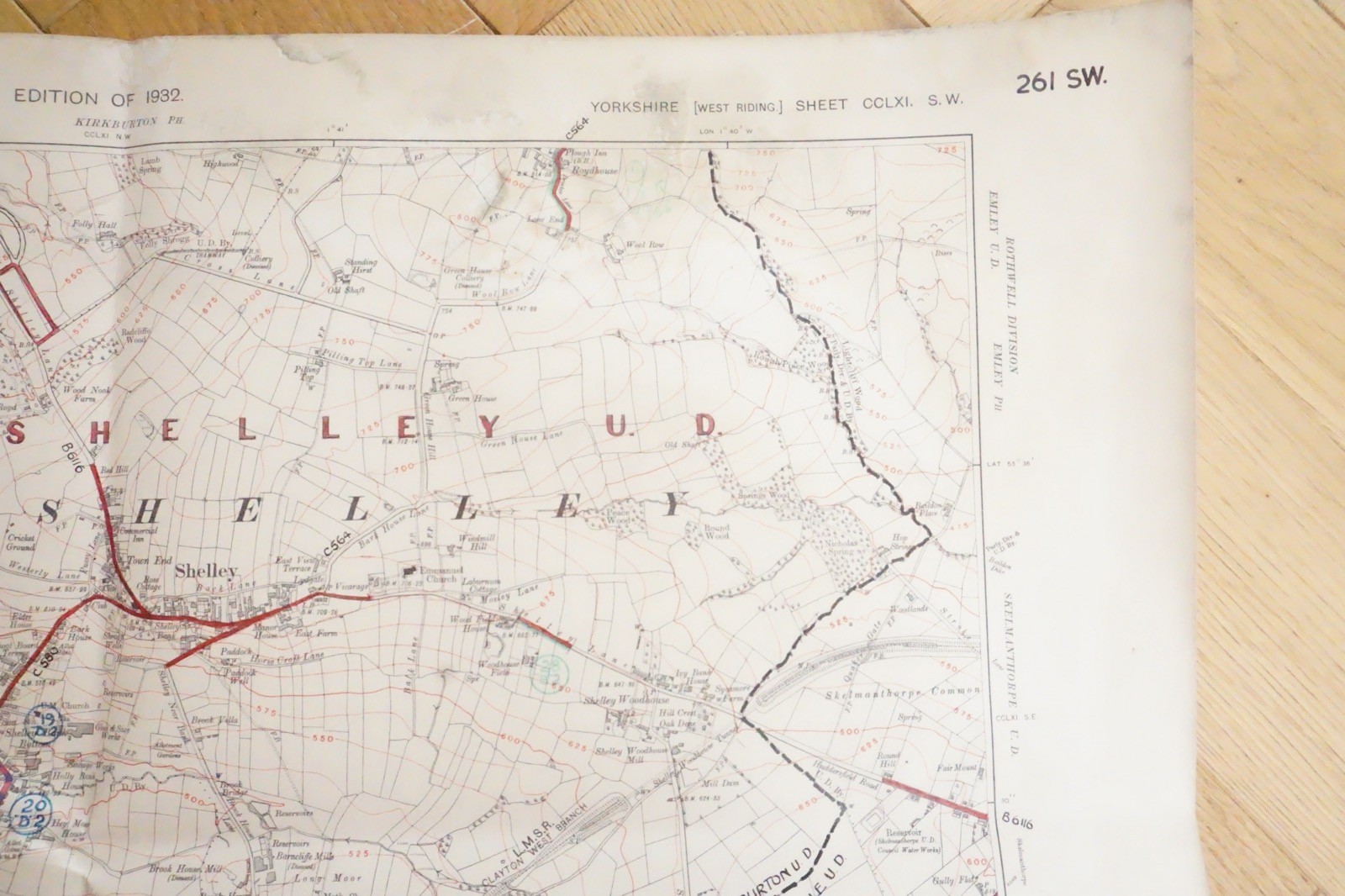 1938 Shelley Shepley Yorkshire LMS Railway OS Linen Map Ref 66 **