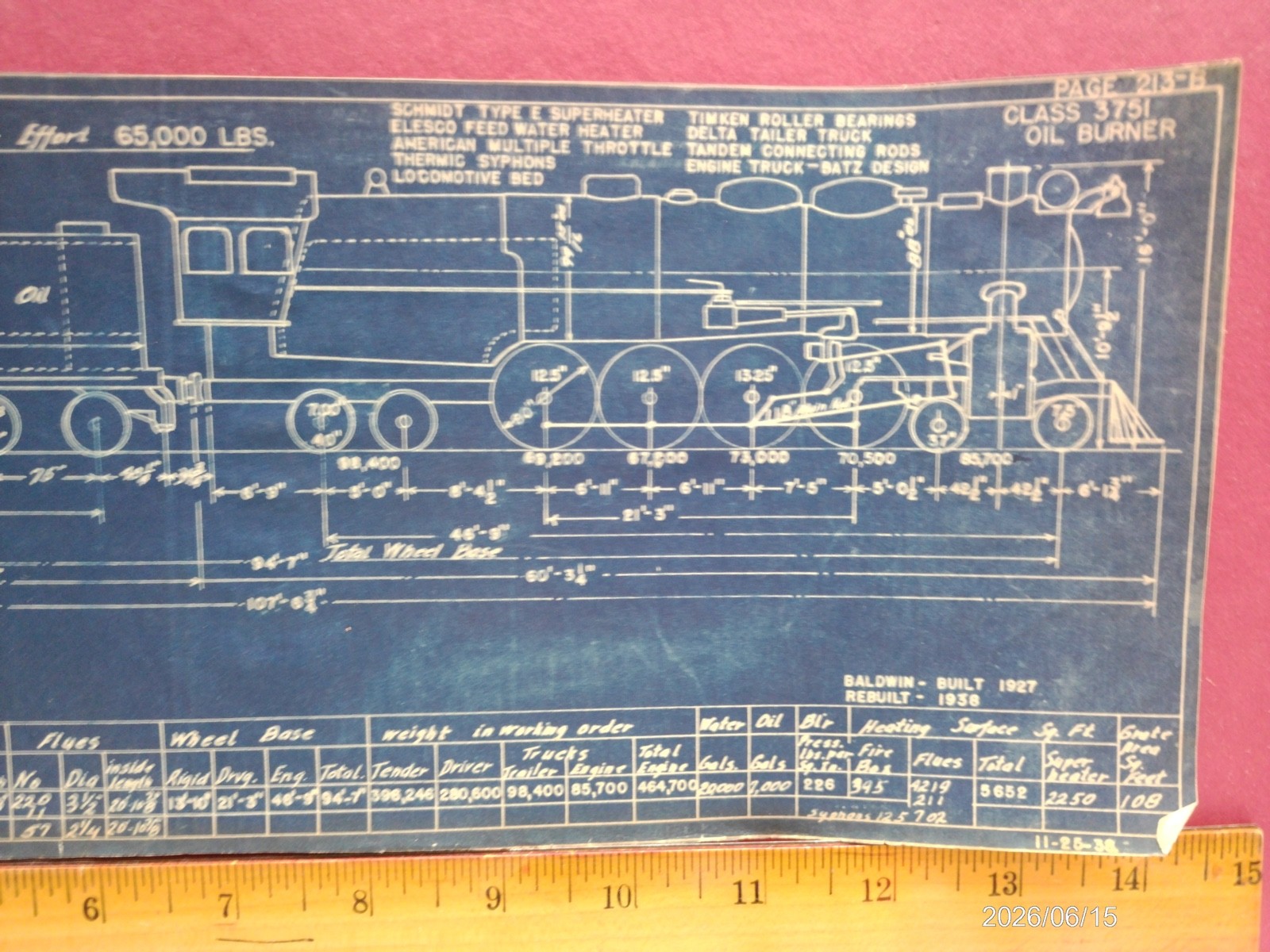 AT&SF RAILROAD ORIG BLUEPRINT DATA DIAGRAM BUILDERS PHOTO 4-8-4 LOCOMOTIVE #3700