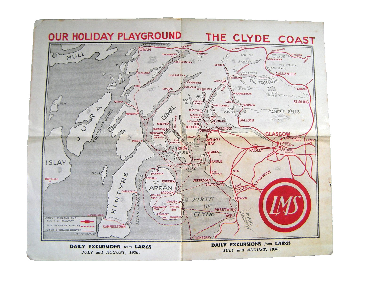LMS Railway Map – The Clyde Coast. Excursions from Largs July & August, 1930. G+