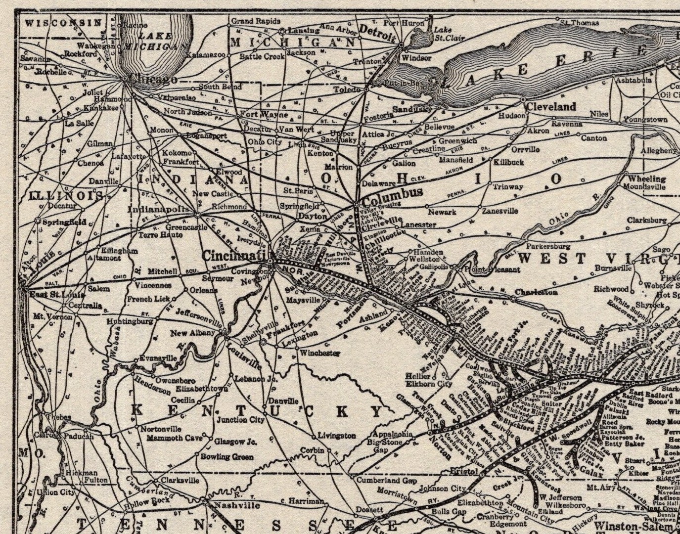 1929 Antique NORFOLK and WESTERN Railway Map Vintage Railroad Map 2540