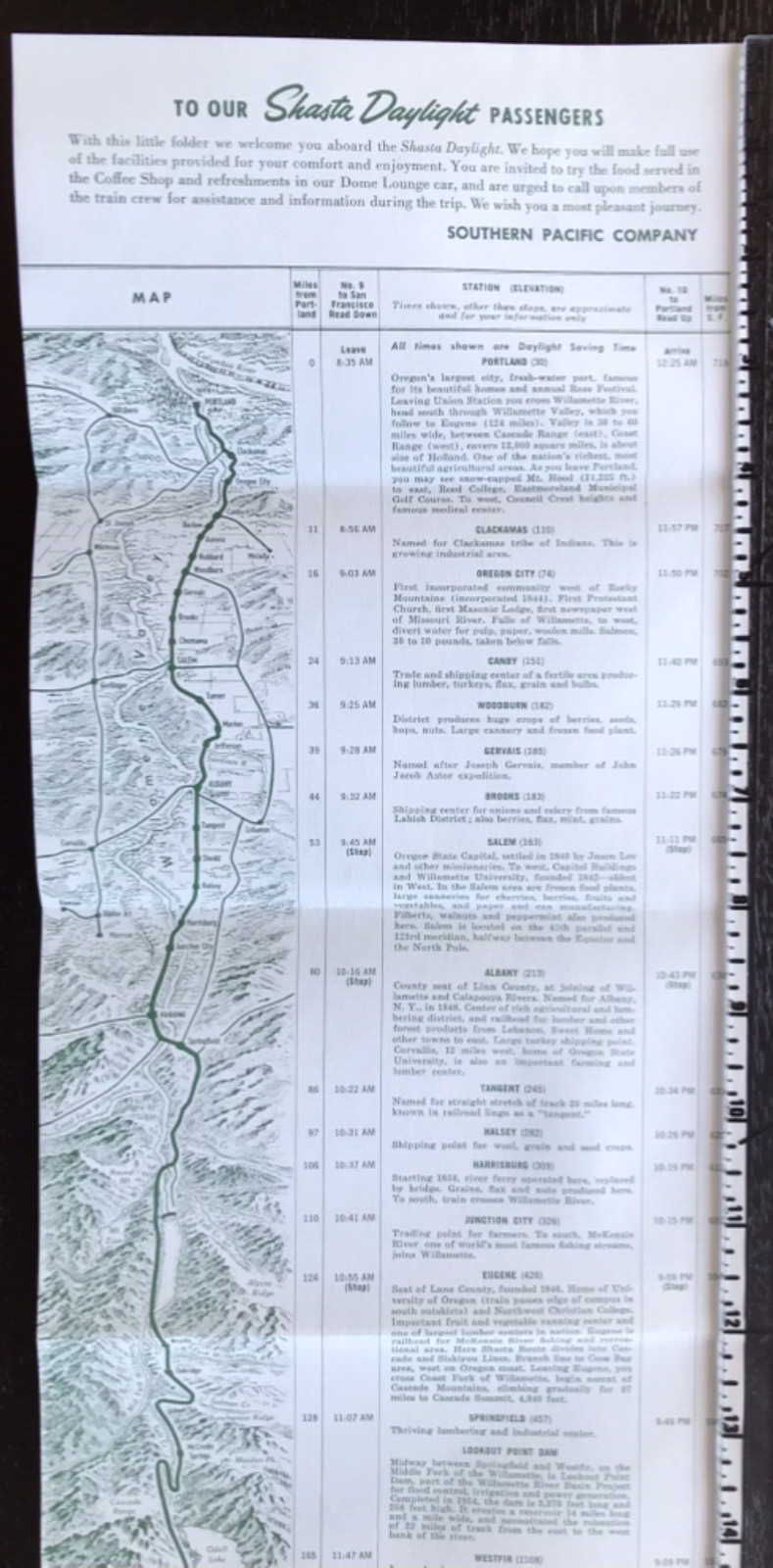 1962 Map Shasta Daylight Trip Southern Pacific RailRoad Portland – SF California