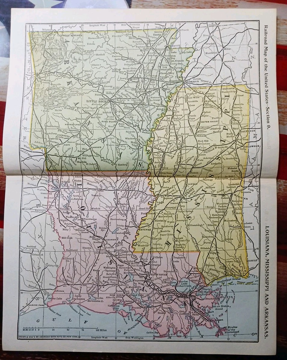 1897 Train Route Map LOUISIANA ARKANSAS MISSISSIPPI all Railroad Lines 9″x 11″