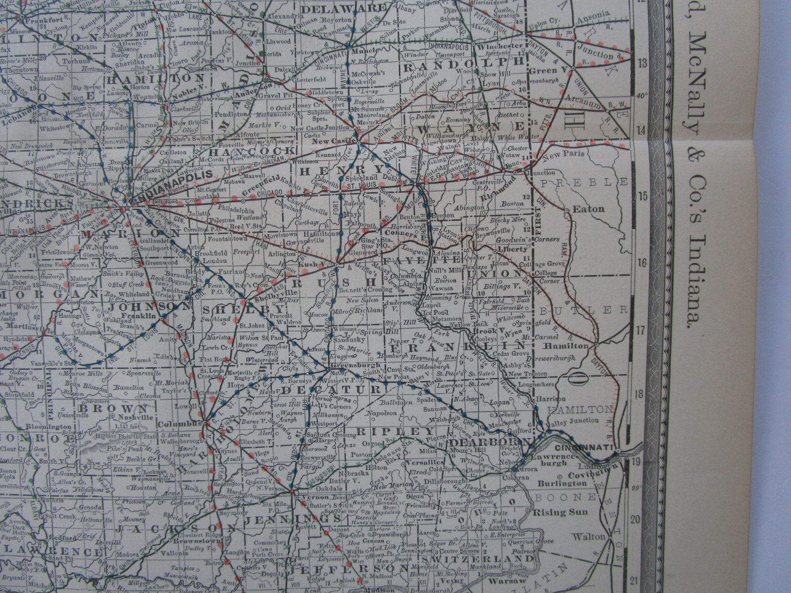 IN Antique DATED 1887 INDIANA RAILROAD Map. McNally Business