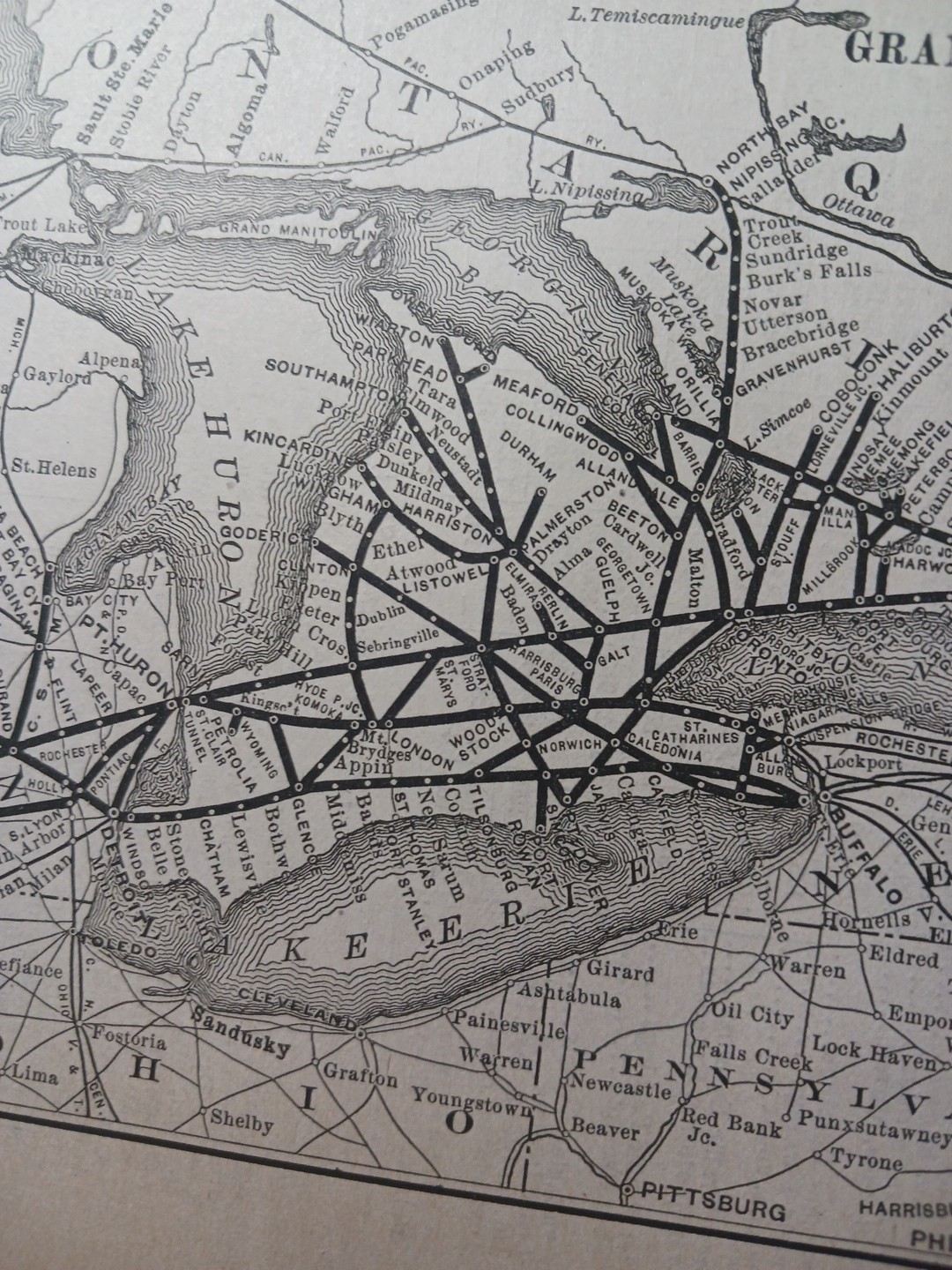 ~1898 ANTIQUE Railroad Map GRAND TRUNK RAILWAY SYSEM Canada Quebec Ontario Train
