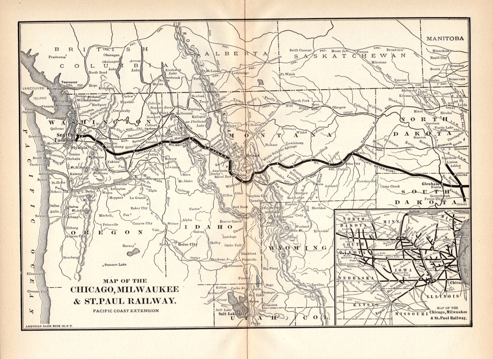 1908 Antique Chicago Milwaukee St Paul Railway Map Pacific Coast Extension 1632