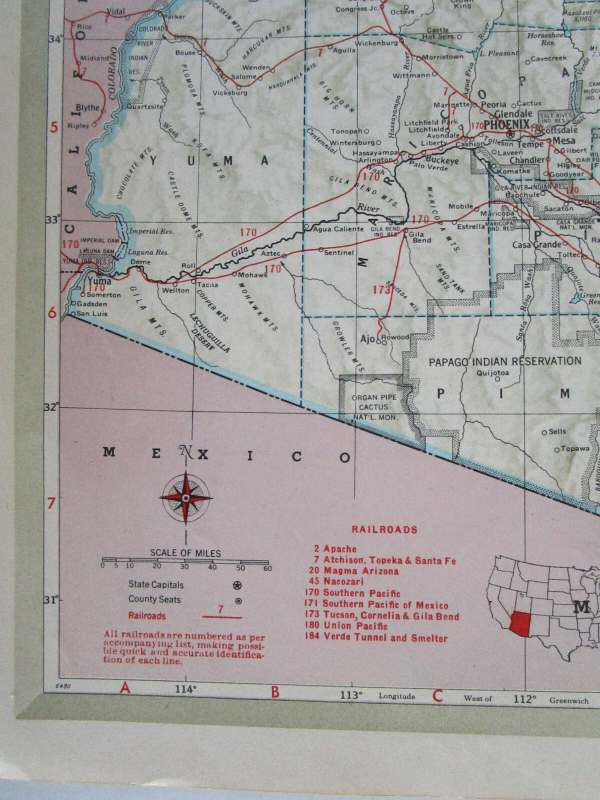 AL AZ Vintage 1951 ALABAMA RAILROAD Map. MERIDIAN BIGBEE RIVER RR or ARIZONA