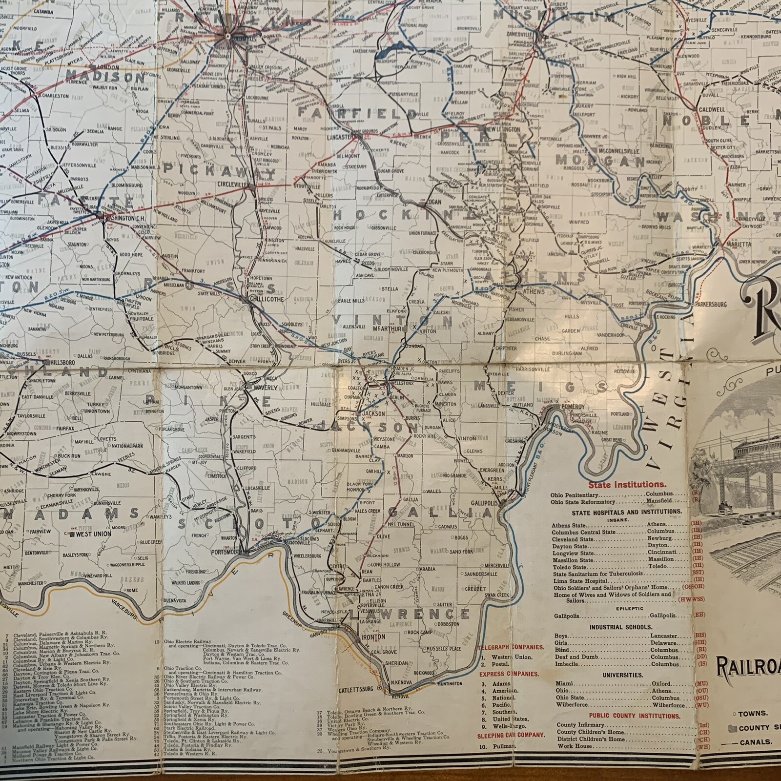 1910 Canvas Railroad Map of Ohio from the Railroad Commission 32 1/2″ x 28 1/2″