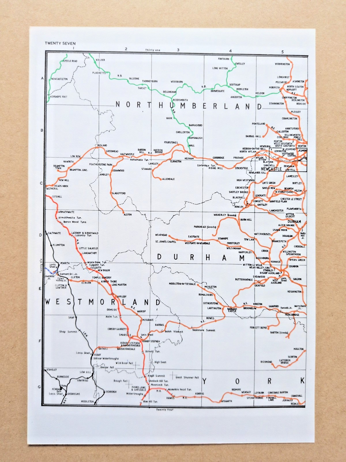 Vintage 1972 map showing Pre Grouping Rail Lines of Durham and Northumberland