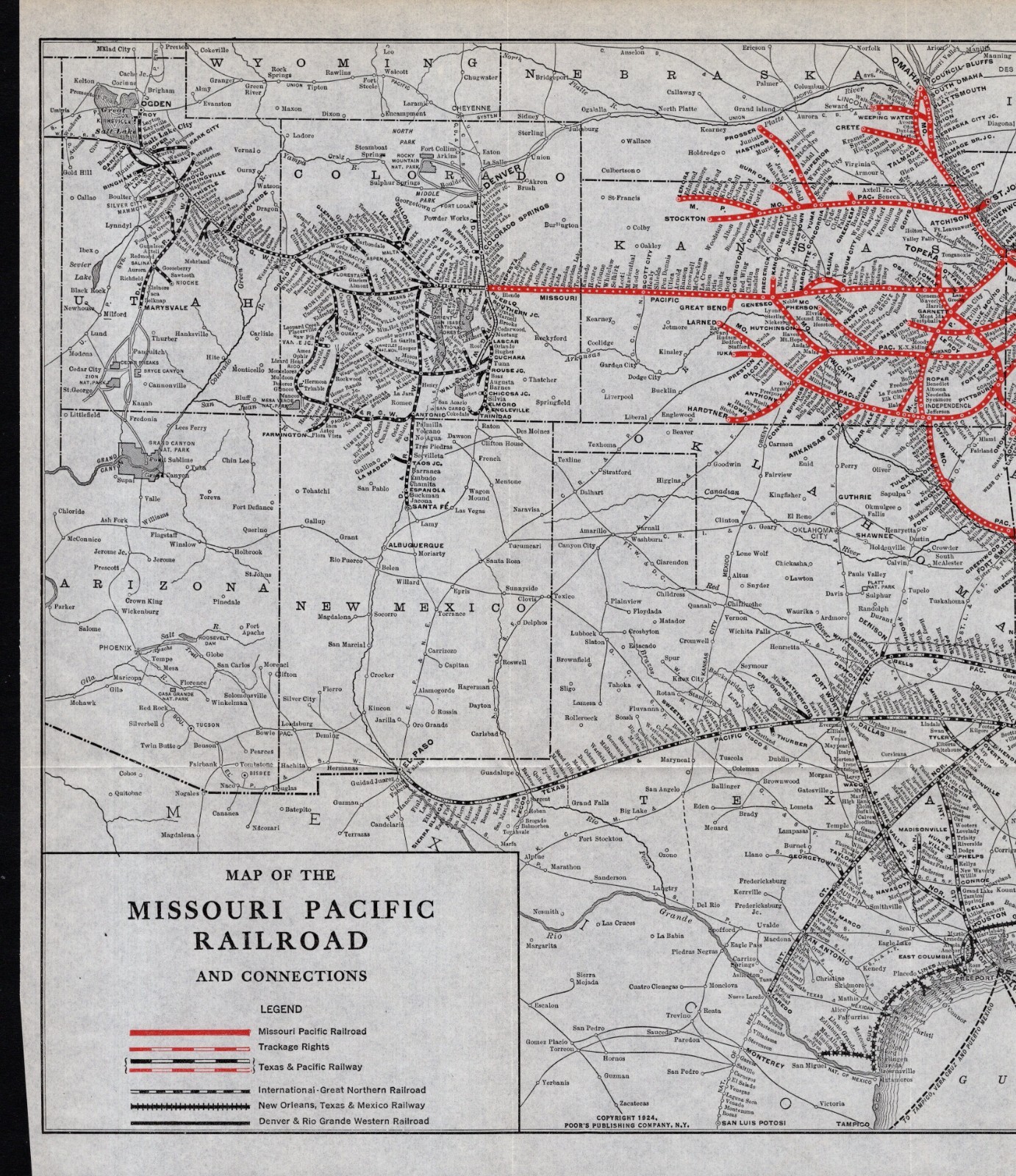 1924 Antique Missouri Pacific Railroad System Map T & P Denver Rio Grande 2515