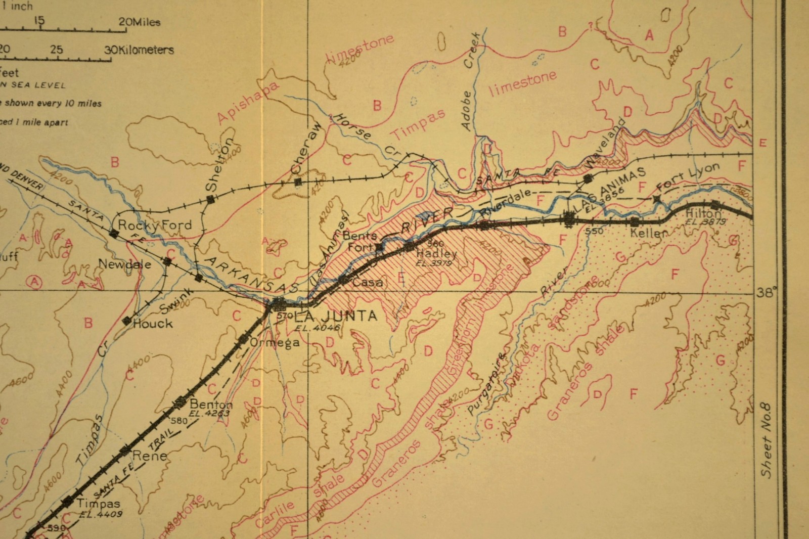 1915 Antique Santa Fe Railroad Map La Junta Colorado Las Animas CO Geological