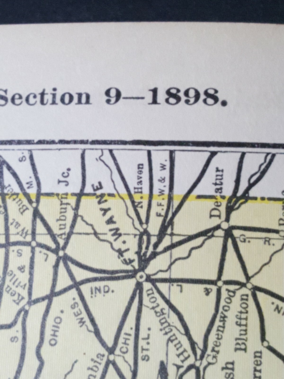 Original 1898 dated INDIANA ILLINOIS railroad map stations & train routes 11″x9″