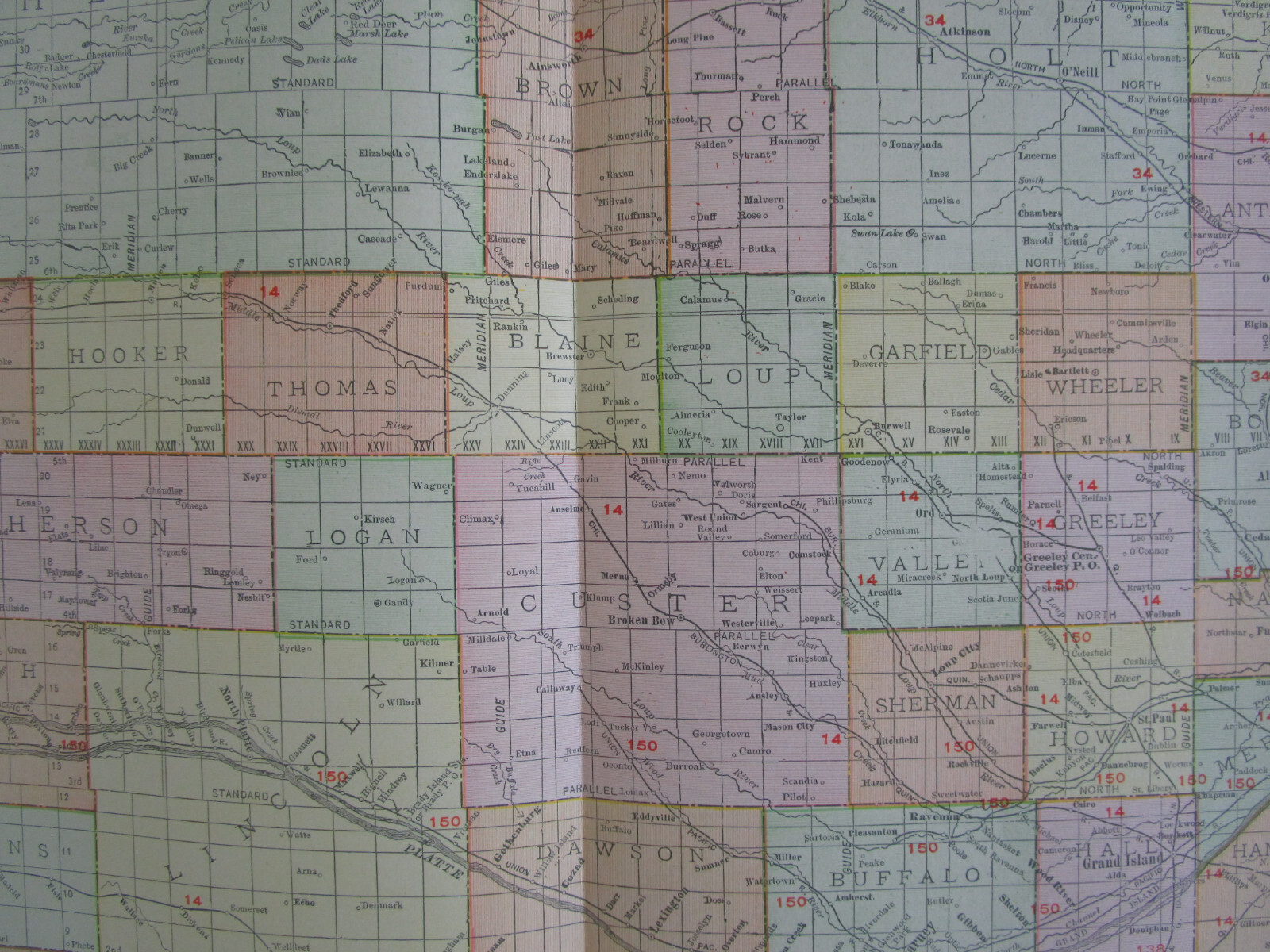 NE ANTIQUE 1912 DATED NEBRASKA RAILROAD Map. ST JOSEPH & GRAND ISLAND RR, ATSF