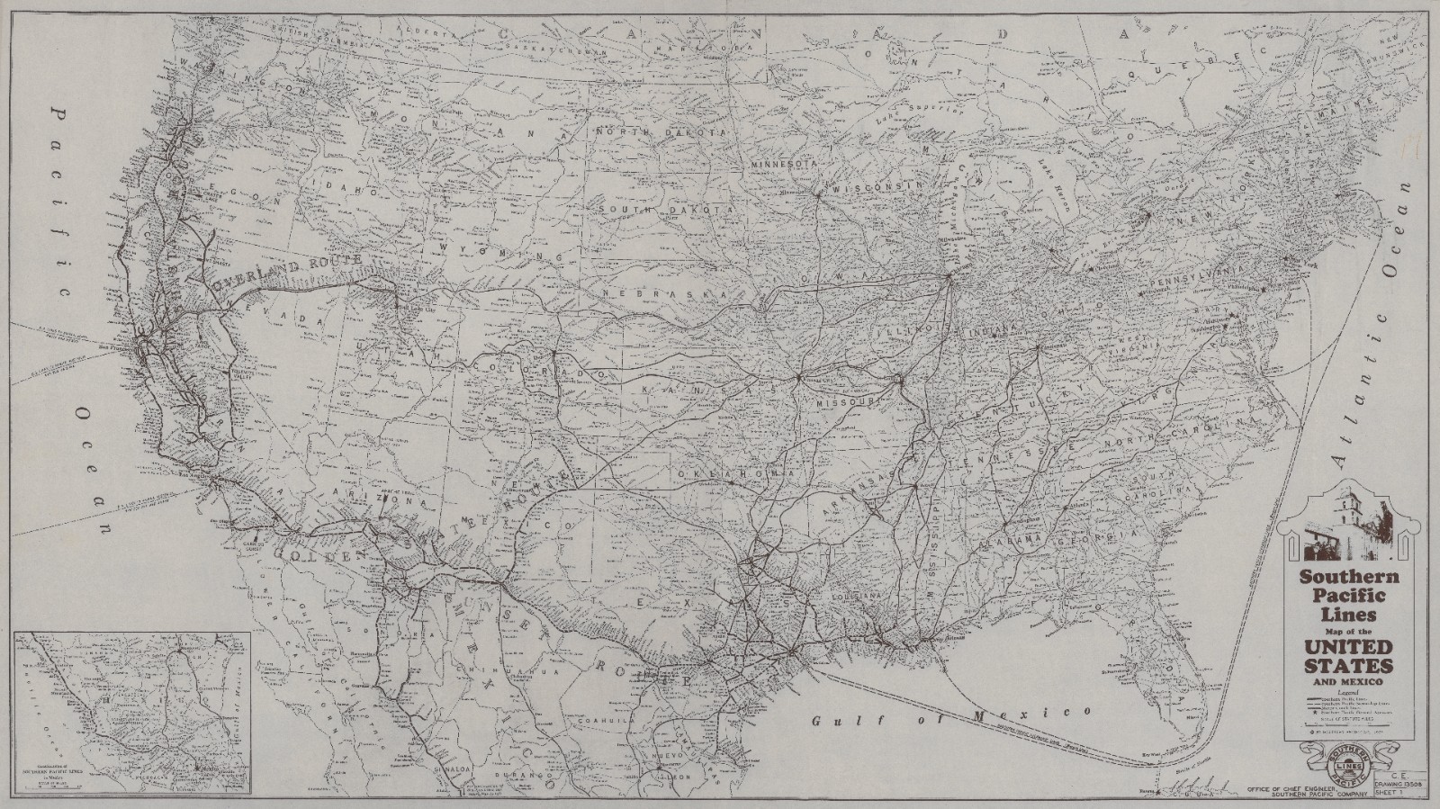 Southern Pacific Railroad Map – 4′ x 7′ (circa 1934) Ideal for framing