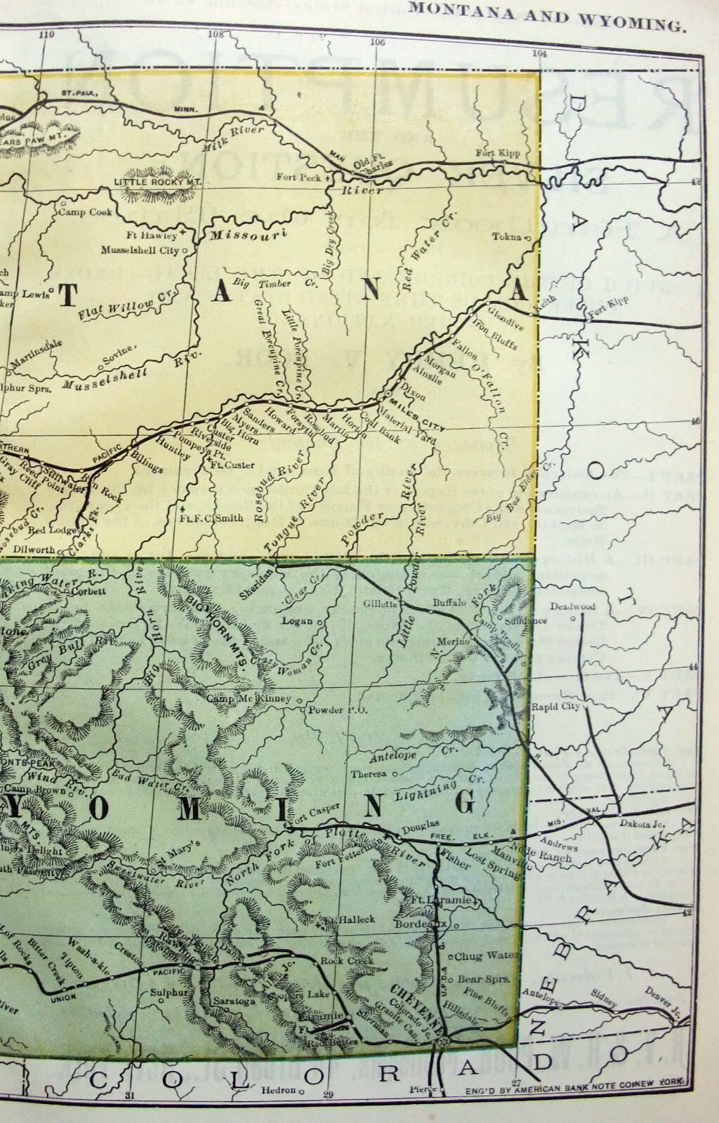 Montana & Wyoming – Original 1894 Railroad Map. Antique