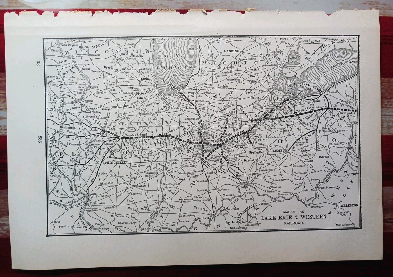 1897 Train Route Map LAKE ERIE & WESTERN RAILROAD with Gas & Oil Fields Marked